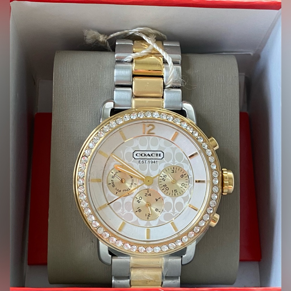 NWT Coach Gold Crystals Bezel Signature Dial Chrono Sport Duo-tone Watch - Picture 2 of 4